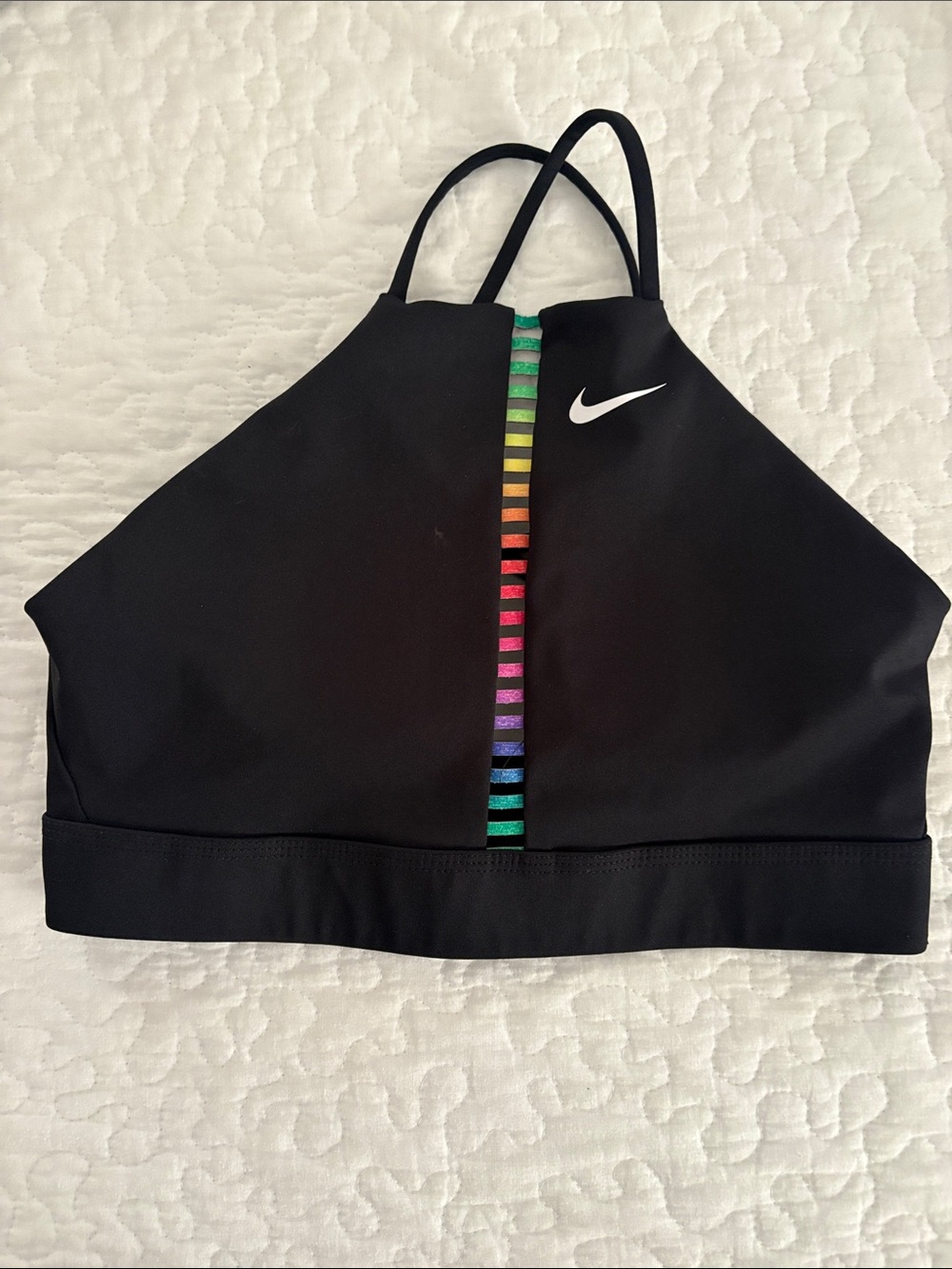 Nike Black High-Neck Sports Bra with Rainbow Center Trim